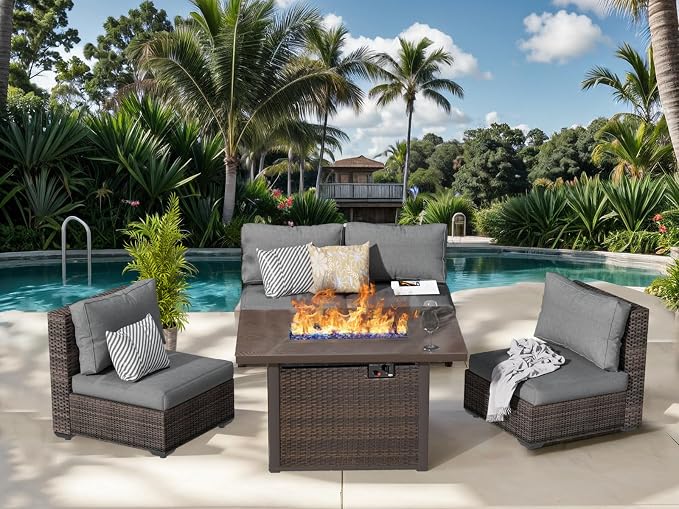 5 Piece Patio Furniture Set with 44" Fire Pit Table, Outdoor Sectional Couch, PE Rattan Patio Conversation Sets with 4inch Cushions for Backyard Grey