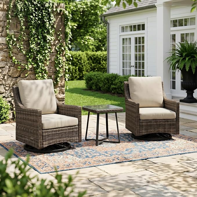Outdoor Swivel Rocker Patio Chair with Premium Cushion, High Back Wicker Patio Swing Glider for Deck, Porch, Patio and Poolside (Beige, 1 Pcs - Swivel Glider)