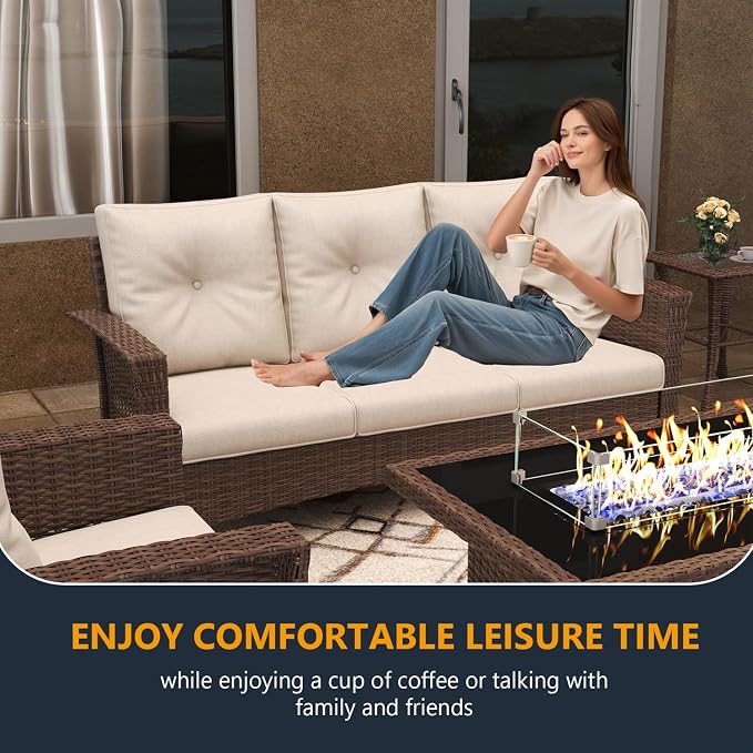 6 Pieces Outdoor Patio Furniture Set, Wicker Patio Sectional Set Conversation Wicker Swivel Chairs with Small Side Table