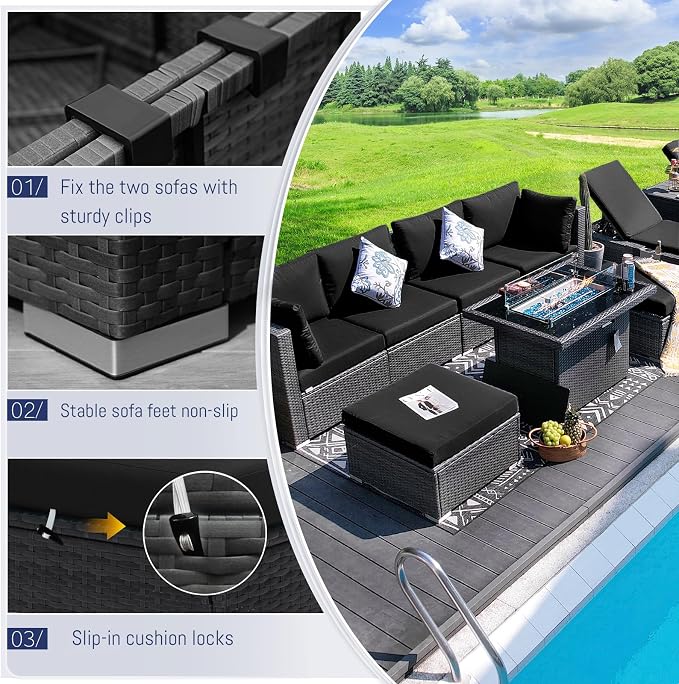 BULEXYARD 11 Piece Large High Back Outdoor Patio Furniture Sets with Firepit and Loungers, Cozy Extra Deep Wide Seating Sectional Conversation Couch Backyard Sitting Sets, Grey Wicker & Black Cushion