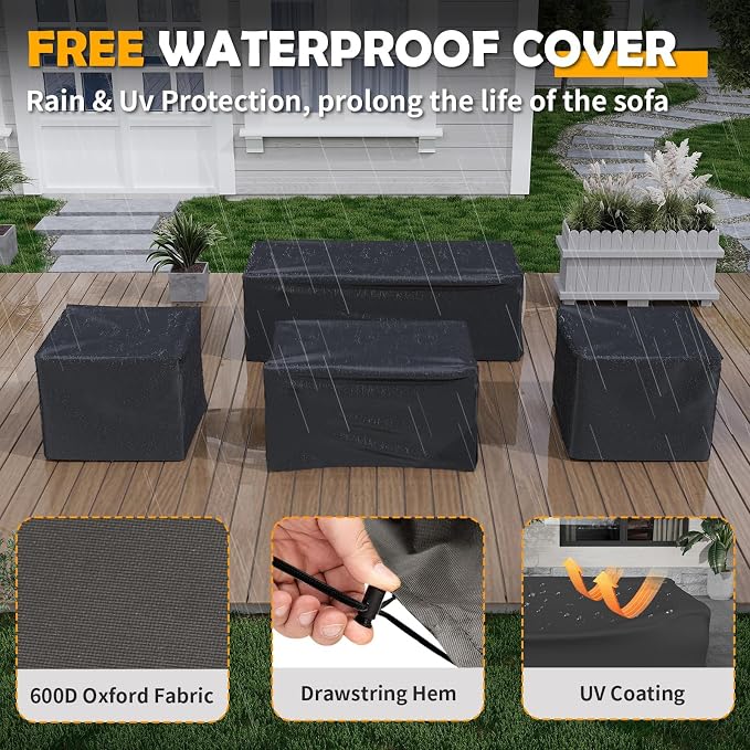 Amopatio Aluminum Patio Furniture Set with Fire Pit, 6 Pcs Metal Patio Sofa Sets with Glass Top Fire Pit Table, Modern Outdoor Furniture with 6" Cushion, Dark Grey (Included Waterproof Covers)