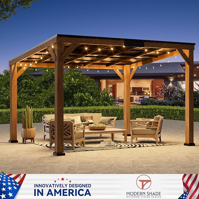 Modern Shade Supreme Cedar Wood Gazebo 10' x 12' with Hardtop Slope Roof, Wooden Carport with Durable and Rot-Resistant, Hardtop Gazebo with Supports Snow Loads and High Wind Speeds for Backyard