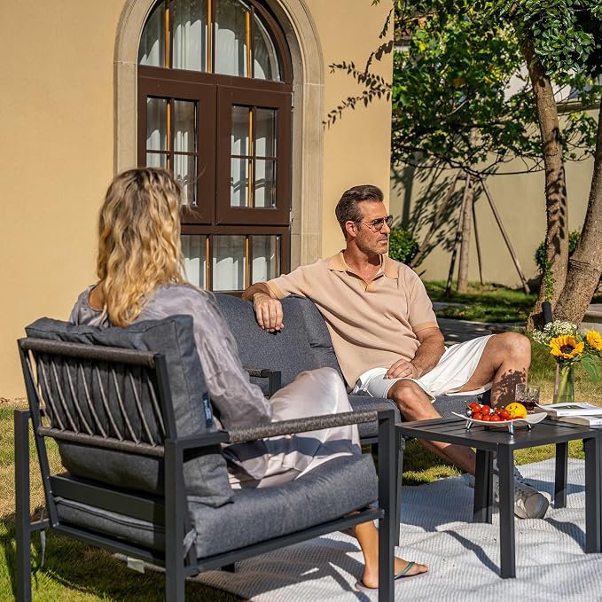 Sundale Outdoor 2 Pieces Patio Set Outdoor Metal Furniture Sets with Loveseat and Side Table, Outdoor Patio Couch for Garden, Backyard, Porch, or Balcony, All-Weather Patio Sofa with Cushions