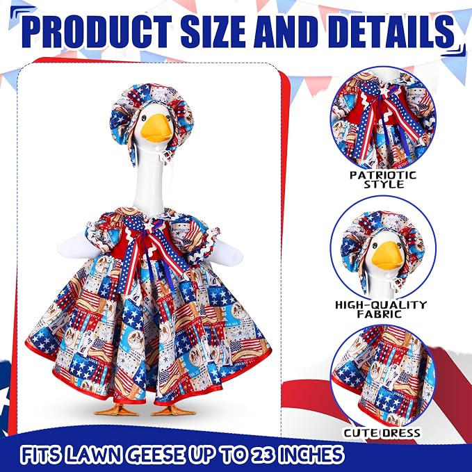 Abbylike 4th of July Porch Goose Outfit Patriotic American Flag Red Blue White Lawn Goose Clothes Fits 23 Inch Cement Statue Geese Costume for 250th Independence Day Outdoor Garden Yard Patio Decor