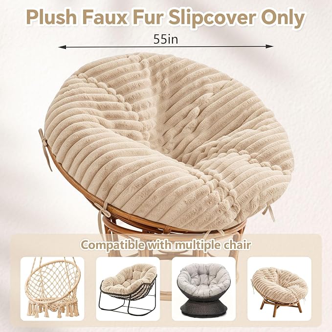 Fluffy Shaggy Cover for Papasan Cushion Cover, 55 Inch, Machine Washable | Super‑Soft Faux Fur Papasan Chair Cushion Cover, 8 Ties Keep Cover Secure, Long‑Zipper for Easy Removal, khaki (Only Cover)