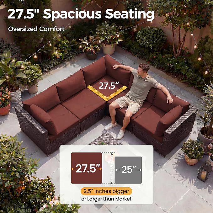 NICESOUL 29.3'' High Back Wicker Patio Furniture Set for 8 Person, Extra Big Outdoor Modular Sectional with Ottoman, Deep Seated Relax Conversation Sets for Backyard Deck, Brown and Red