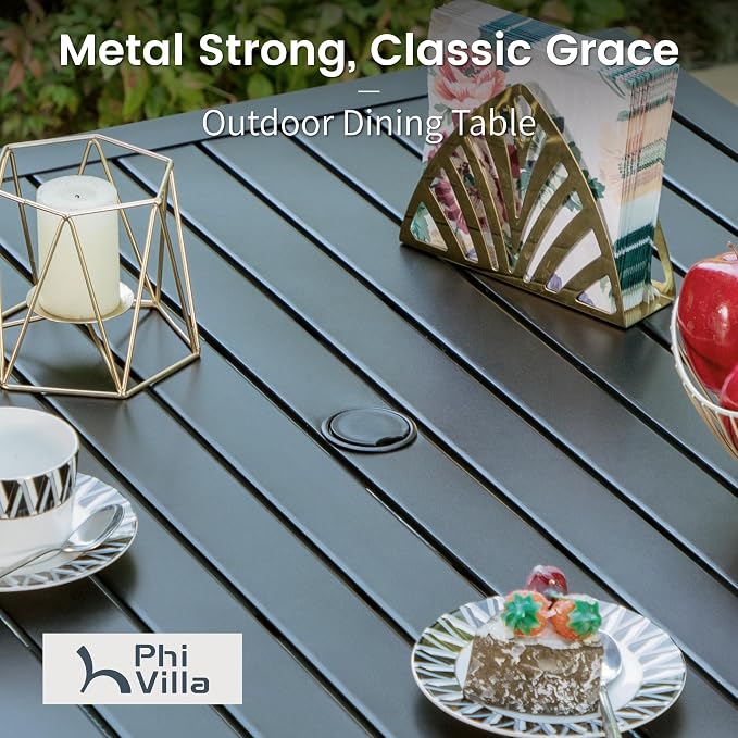PHI VILLA 5 Piece Outdoor Dining Set for 4, 37" Square Metal Wrought Iron Table with Umbrella Hole & Cushioned Rattan Wicker Chairs, Modern Furniture for Patio, Deck, Backyard, Porch
