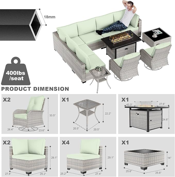 11-Piece Patio Furniture Set, Outdoor Patio Furniture with 55,000 BTU Fire Pit Table, Swivel Chairs Set, Thick Cushions, Modular Patio Sofa, Dual-Strand Rattan, Rust-Resistant Frame, Light Green