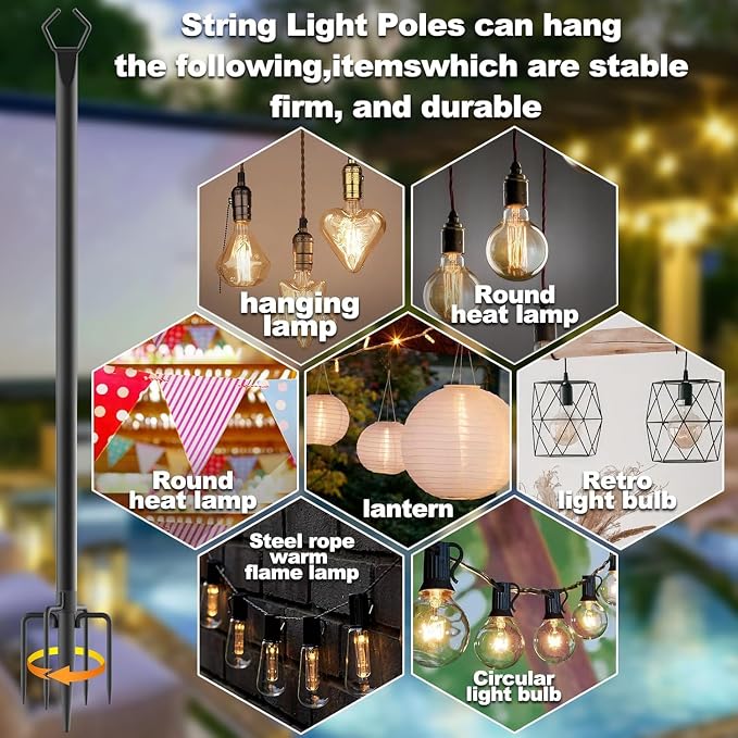 2 Pack 10 ft Heavy Duty Metal String Light Poles Adjustable Outdoor Lighting Stand for Patio,Backyard,Garden,Party & Wedding Rustproof & Sturdy with Hooks