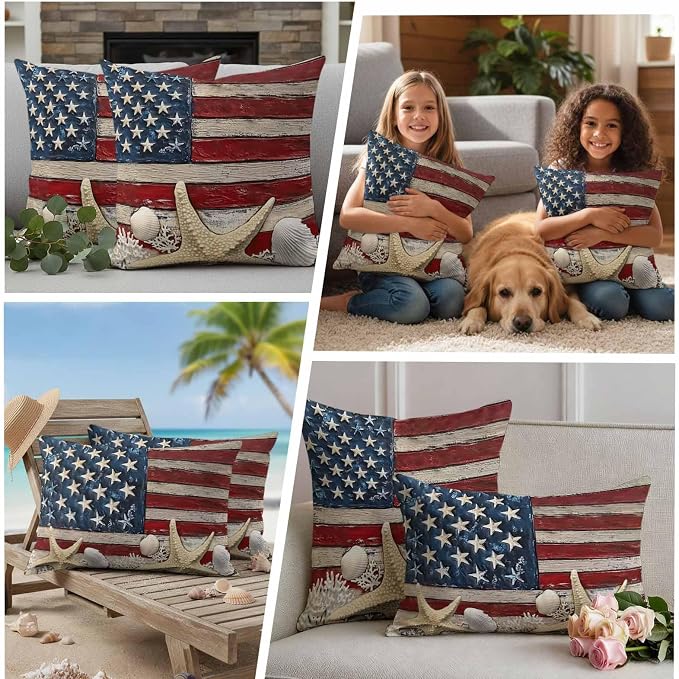 Coastal American Flag Outdoor Waterproof Throw Pillow Covers 26x26 Set of 2, Starfish Shell Vintage Decorative Pillowcases Cushion Pillowcase for Couch Sofa Patio Outside Pillow Protector