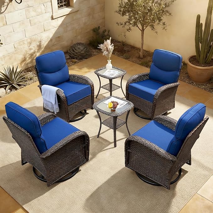 Patio Furniture Set with Luxury 6" Cushions, 6 Pieces Swivel Rocking High Back Patio Chairs, Outdoor Wicker Conversation Set for Deck, Porch, Backyard, Poolside, Blue