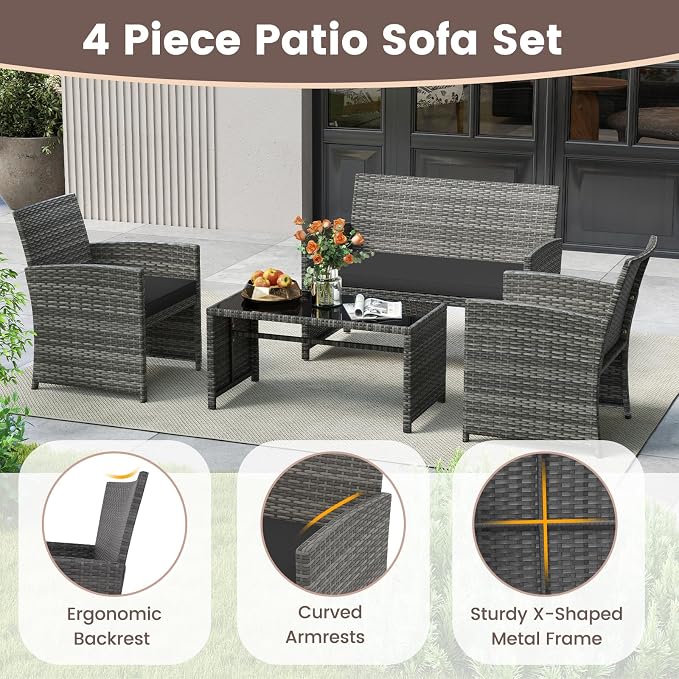 HAPPYGRILL 4 Piece Rattan Wicker Patio Conversation Set, Outdoor Furniture with Chair Loveseat Table & Cushion, for Backyard Porch Balcony (1, Black)