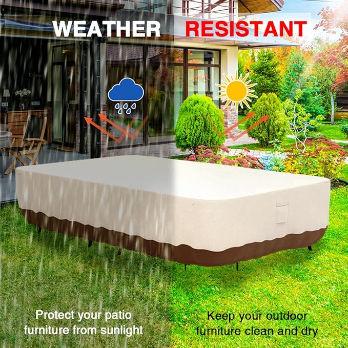 Tuyeho Patio Furniture Set Cover 110 x 84 x 28 inch, Heavy Duty Oxford Fabric Outdoor Dining Set Cover, Waterproof & Weather Resistant, for Your Outdoor Rectangular Table and Chairs (Beige & Brown)