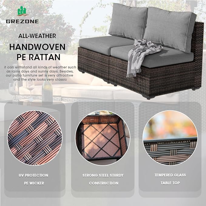 9 Piece Patio Furniture Set with 44" Fire Pit Table, Outdoor Sectional Couch, PE Rattan Patio Conversation Sets with 4inch Cushions for Backyard Grey