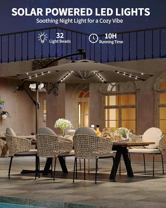 10FT Cantilever Umbrella with Solar Lights, Outdoor Offset Market Umbrella with Infinite Tilt and Cross Base, Outside Patio Umbrellas for Backyard, Lawn, Garden and Pool (Tan)