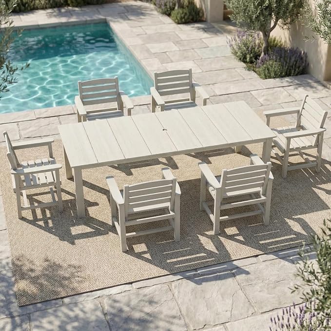 Kingdura 7 Piece Patio Dining Set for 6, 75.2'' HDPE Outdoor Dining Table Set with 2" Umbrella Hole, Weather-Resistant Outdoor Furniture, Table and Chairs Set for Backyard Pool Garden, White