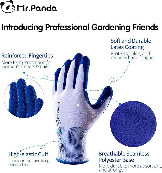 Mr.Panda 6 Pairs Skin-Friendly Gardening Gloves for Women, Latex Coated Garden Gloves, Ladies Outdoor Yard Work Gloves, Breathable, Blue & Red, Medium