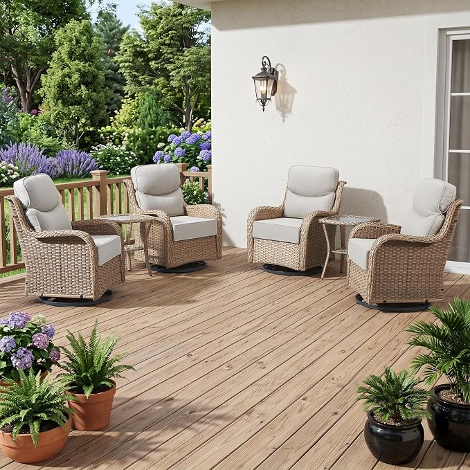 6 Piece Wicker Patio Furniture Set with Swivel Rocker Chairs Set of 4 Yellow