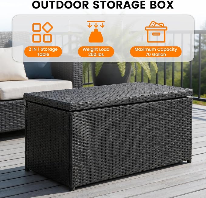 Outdoor 70 Gallon Wicker Storage Box with Waterproof Liner, Patio PE Rattan Storage Container for Outside, Deck Box with Hinged Lid for Cushions, Pillows, Towels, Horizontal Bin, Black