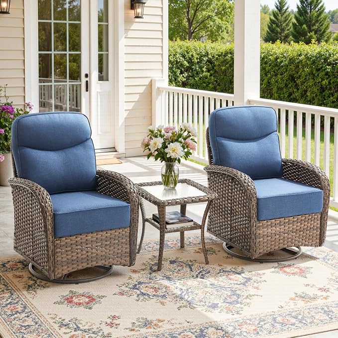 3-Piece Luxury Patio Conversation Set with 6-Inch Thick Cushions, High-Back Outdoor Swivel Rocking Chairs & Side Table, All-Weather Furniture Set for Porch, Deck, Balcony or Backyard – Blue