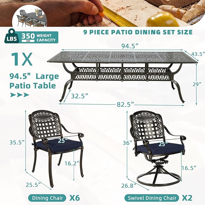 MEETWARM 9-Piece Outdoor Patio Dining Set for 8, All Weather Cast Aluminum Patio Funiture Table and Chairs Set- 94.5” Rectangular Table and 2 Swivel Rocker Chairs, 6 Stationary for Garden, Navy Blue