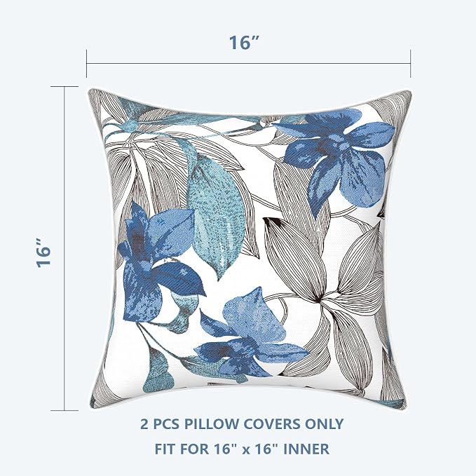 LVTXIII Outdoor Pillow Covers Set of 2, Patio Waterproof Throw Pillow Cases Fade Resistant Accent Pillow Covers for Spring Summer Garden Decoration, 16x16, Clemens Noir Blue