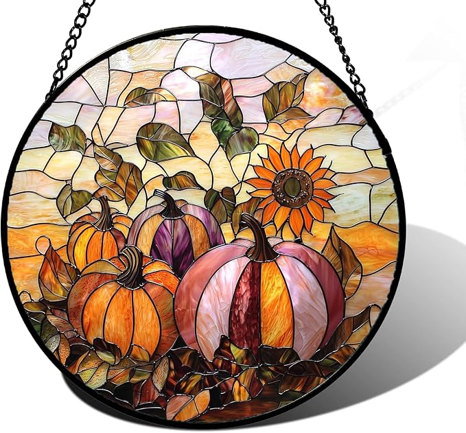 DASTOLL Stained Glass Window Hanging, Pumpkin Sunflower Suncatcher Diamond Glass Panel Sun Catchers Decor for Birthday for Women, Men, Wife, Aunt, and Mom 14.9x14.9 in