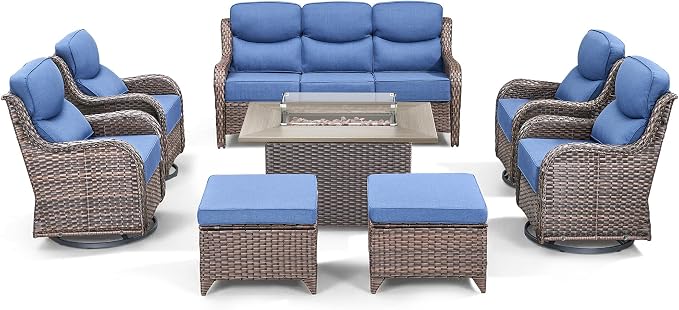 Luxury Patio Furniture Set with Fire Pit Table-8 Pieces All Weather Outdoor Swivel Rocker Chairs with Sofa and Ottomans. Outdoors Patio Conversation Sets for Porch Deck Garden(Brown/Blue)