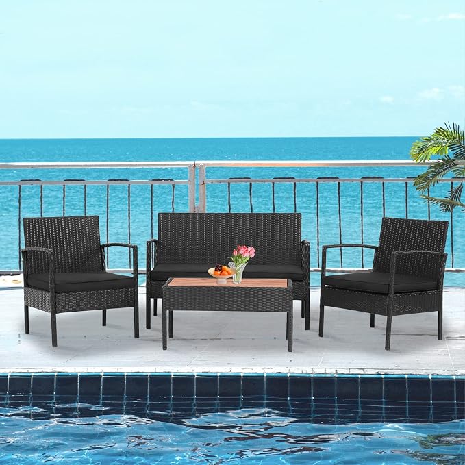 Tangkula 8 Piece Patio Rattan Conversation Set, Outdoor Wicker Sofa Furniture with Loveseat & 2 Single Chairs, Acacia Wood Tabletop, Outside Sectional for Poolside, Deck, Garden (2, Black)
