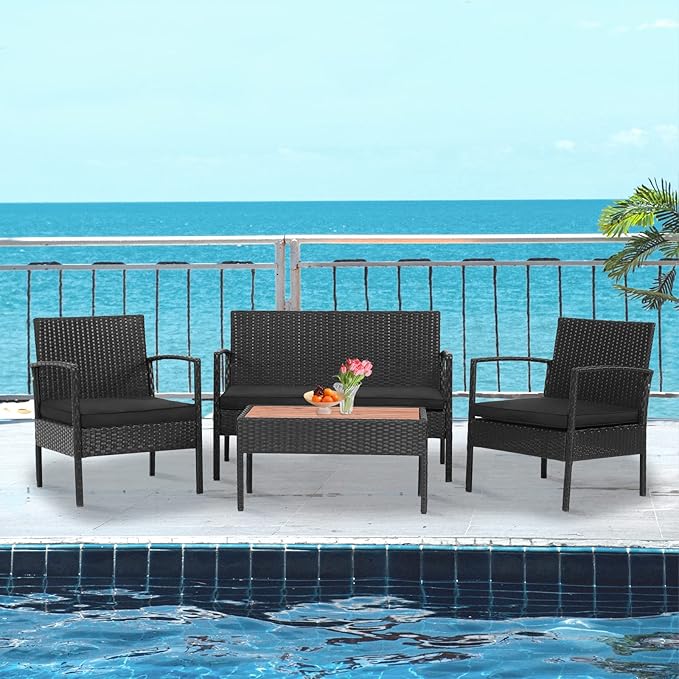 COSTWAY 8PCS Patio Rattan Furniture Set Cushioned Chair Wooden Tabletop Black