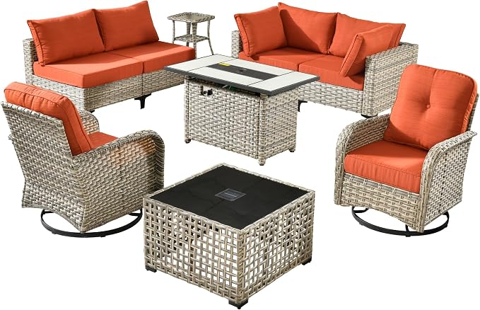 Outdoor Patio Furniture Sets,9 PCS Patio Conversation Set Outside Rattan Sectional Sofa with 42 in Square Fire Pit Table Wicker Rocking Chair Coffee Table Fit Backyard Garden Poolside Balcony