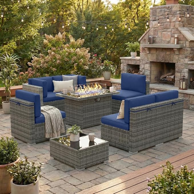 8 Pieces Patio Furniture Set with 44" Propane Gas Fire Pit Table, Outdoor Sectional Wicker Conversation Sofa Sets with Coffee Table