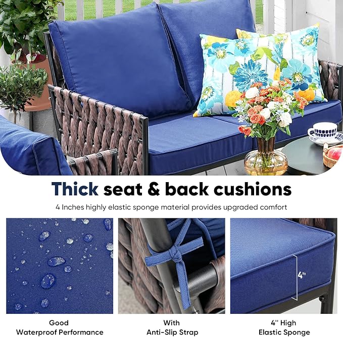 JOYURE 5 Pieces Patio Furniture Set,Outdoor Conversation Set with 2 Round Side Tables,Modern Metal Outdoor Couch with Waterproof Cushions for Backyard,Porch,Navy