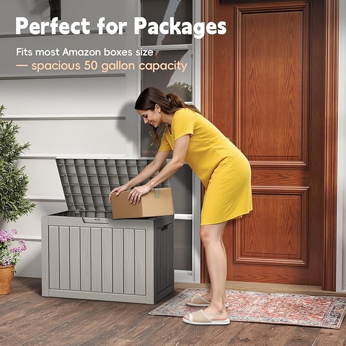 50 Gallon Outdoor Deck Box - Lockable Waterproof Storage Container, Resin Weatherproof Box for Patio Garden Furniture Pool Tools Cushions, Grey