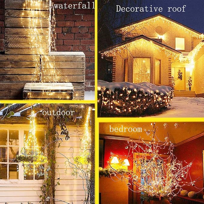 SHUKAN 220 LED Firefly Bunch Lights Battery Operated, 8 Flashing Modes Waterproof Copper Wire Waterfall Lights, Remote Controlled Timer and Hooks, Fairy Lights for Indoor Outdoor Decor (Warm White)