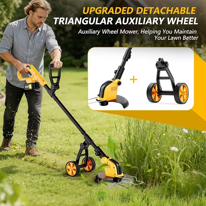 Electric Weed Wacker Cordless, Electric String Trimmer with 3 Types Blades & Removable Auxiliary Wheels, Brush Cutter & Grass Trimmer & Lawn Edger with for Garden Yard (YellowA)