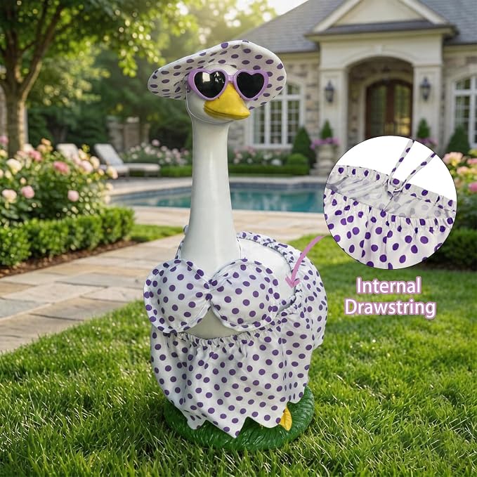 Large Porch Goose Statue Decor - 20″ Porch Goose Resin with Purple Summer Bikini Outfits, Garden Decor Lawn Goose Figurine, Indoor Outdoor Yard Decor, Unique Housewarming Birthday Gifts for Mom Women