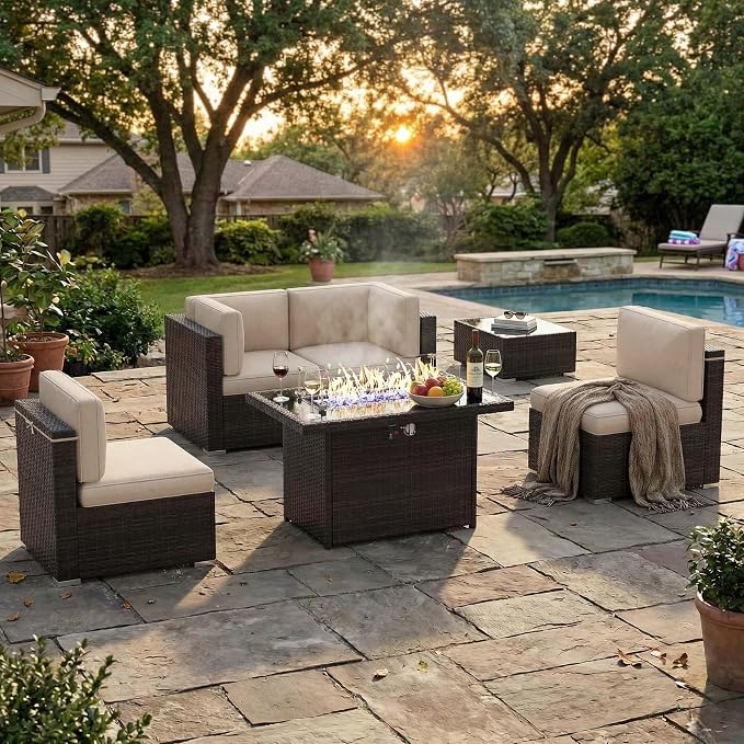 6 Pieces Patio Furniture Set with 44" Propane Gas Fire Pit Table, Outdoor Sectional Brown Rattan Wicker Conversation Sofa Sets with Coffee Table