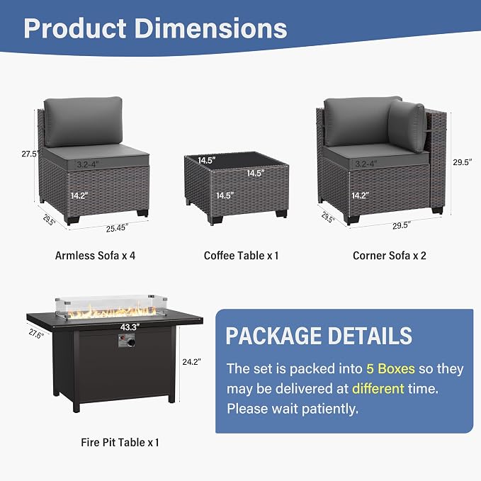 ALAULM 8 Pieces Patio Furniture Set with Aluminum Fire Pit Table Outdoor Furniture Sets 55000BTU Gas Fire Pit Brown PE Rattan Wicker Patio Conversation Sets w/6 Cushions-Grey