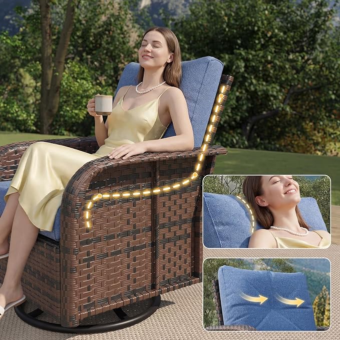 LazySunsets 7 Piece Outdoor Patio Furniture Set with 44'' Fire Pit Table, Wicker Rattan Outdoor Furniture with High Back Swivel Rocker Chairs, Outdoor Sofa Set with Thick Cushions, Navy Blue