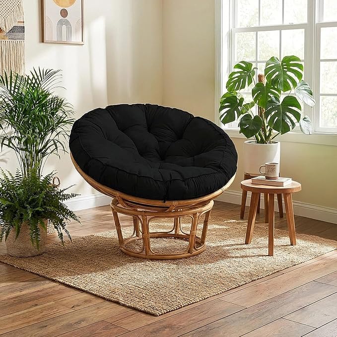 Papasan Cushion, 52 inch Papasan Chair Cushion, Thickened Padded Round Papasan Cushion (Black) | Thickened Papasan Cushion, Indoor Papasan Chair Cushion (Without Chair), with Ties, Black
