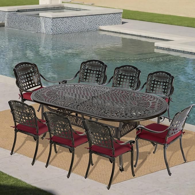 VIVIJASON 9-Piece Patio Furniture Dining Set, Rust-Free Cast Aluminum Outdoor Conversation Set, Include 8 Cushioned Chairs and an Oval Table with Umbrella Hole for Balcony Lawn Backyard, Red Cushion