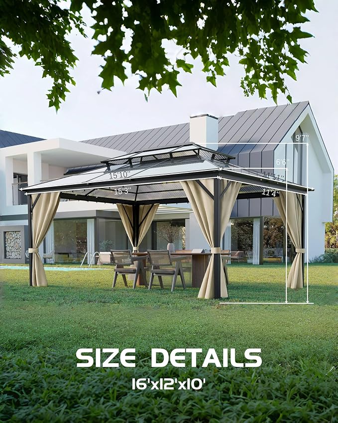 GarveeLife Hardtop Gazebo 12 ft x16 ft for All Weather, Double Polycarbonate Sheets Roof, Aluminum Alloy Frame, Net, and Curtain, Permanent Building for Patio, Deck, Backyard, Lawn, and Garden