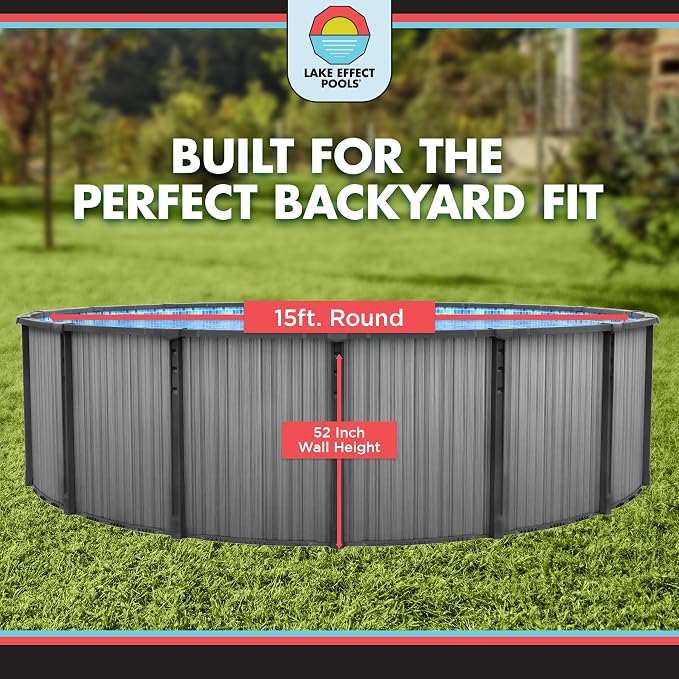 Lake Effect Pools 'Bora Bora' 15 ft Round Above Ground Swimming Pool | 52 Inch Resin Protected Steel Sided Walls | Bundle Includes: 25 Gauge Overlap Liner & Widemouth Skimmer