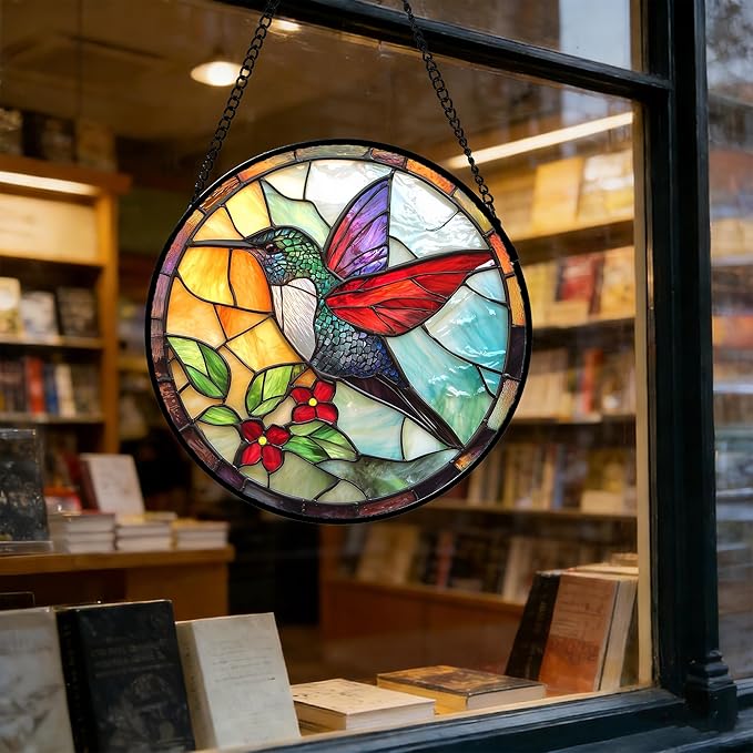 DASTOLL Stained Glass Window Hanging, Hummingbird Gifts Sun Catchers Diamond Glass Panel Hangings Birds Suncatcher Decor for Birthday for Women, Men, Wife, Aunt, and Mom 14.9x14.9 in