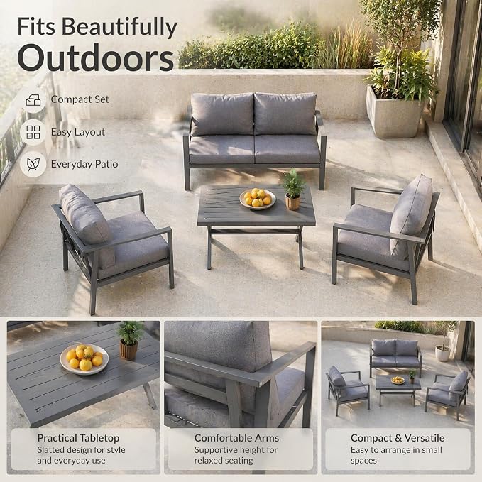 Aluminum Patio Sectional Furniture Set, 4 Piece Patio Conversation Sets Outdoor Patio Furniture Set Sofa with Coffee Table & Washable Cushions Grey