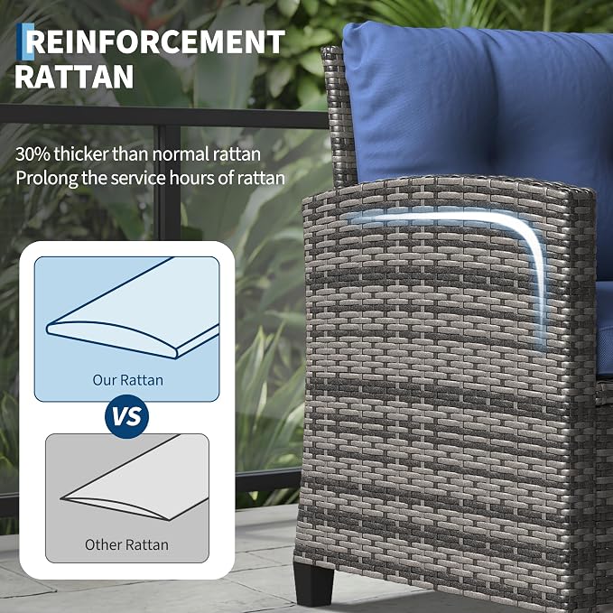 IDEALHOUSE 3-Piece Outdoor Patio Furniture Set, PE Rattan Wicker Conversation Chairs with Tempered Glass Side Table and Removable Cushions, Balcony, Porch & Garden Seating Set, Grey+Navy Cushion