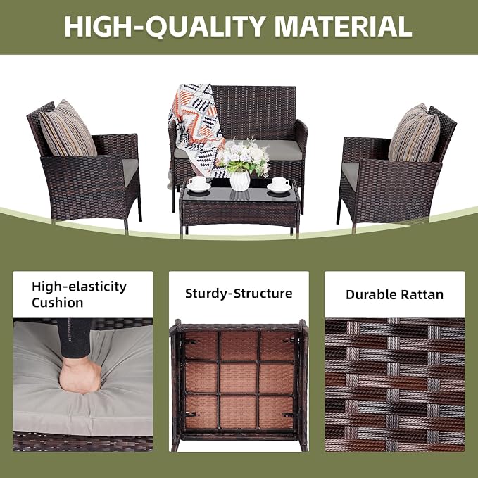 Patio Furniture Set 4 Pieces, Outdoor Rattan Furniture with Tempered Glass Coffee Table, Modern Rattan Patio Chairs Conversation Sets with Sofa for Garden, Terrace, Porch, Lawns Brown/Grey
