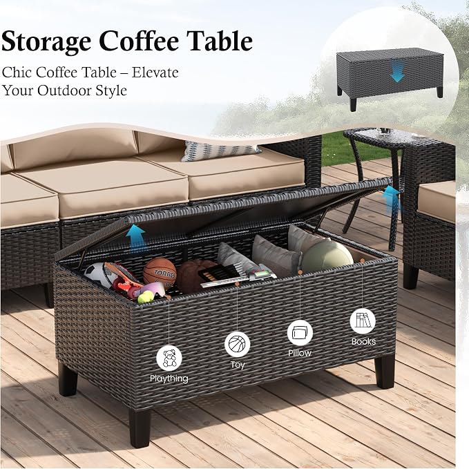 Amopatio Patio Furniture Set, Wicker Outdoor Sectional Sofa with Swivel Rocker Chairs, All-Weather Rattan Conversation Set, Storage Coffee Table, Waterproof Cover for Backyard,Deck Black/Khak 6 PCS