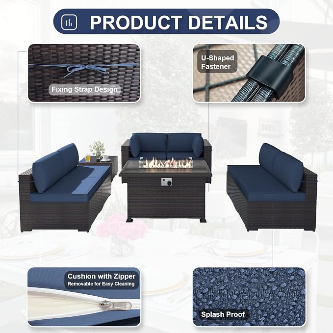Kurapika 8 Pieces Patio Furniture Set, Rattan Wicker Outdoor Conversation Sets w/43in Propane Fire Pit Table and 4 Inch Cushion(Navy Blue)